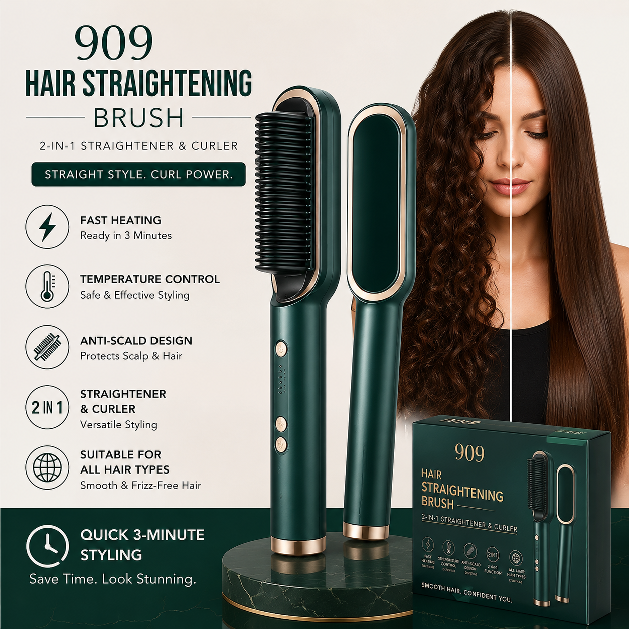 909 Hair Straightening Brush | Electric 2‑in‑1 Straightener & Curler | Heating Styling Comb | Quick 3‑Minute Styling