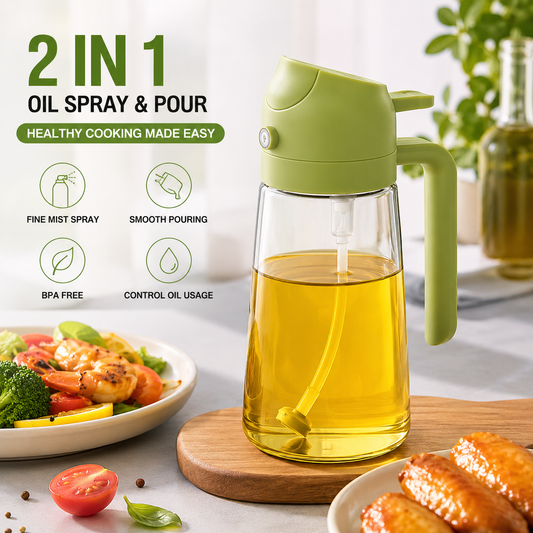 2-in-1 Oil Spray Bottle | Adjustable Mist & Dispenser | 470ml Leak-Proof Glass Container | For Cooking, BBQ, Baking & Air Fryer 380ml (Random Color)