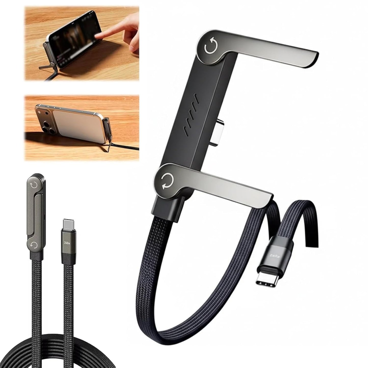 240W 2-in-1 USB-C Fast Charging Cable With Foldable Bracket | Type-C Data Cable & Desktop Holder