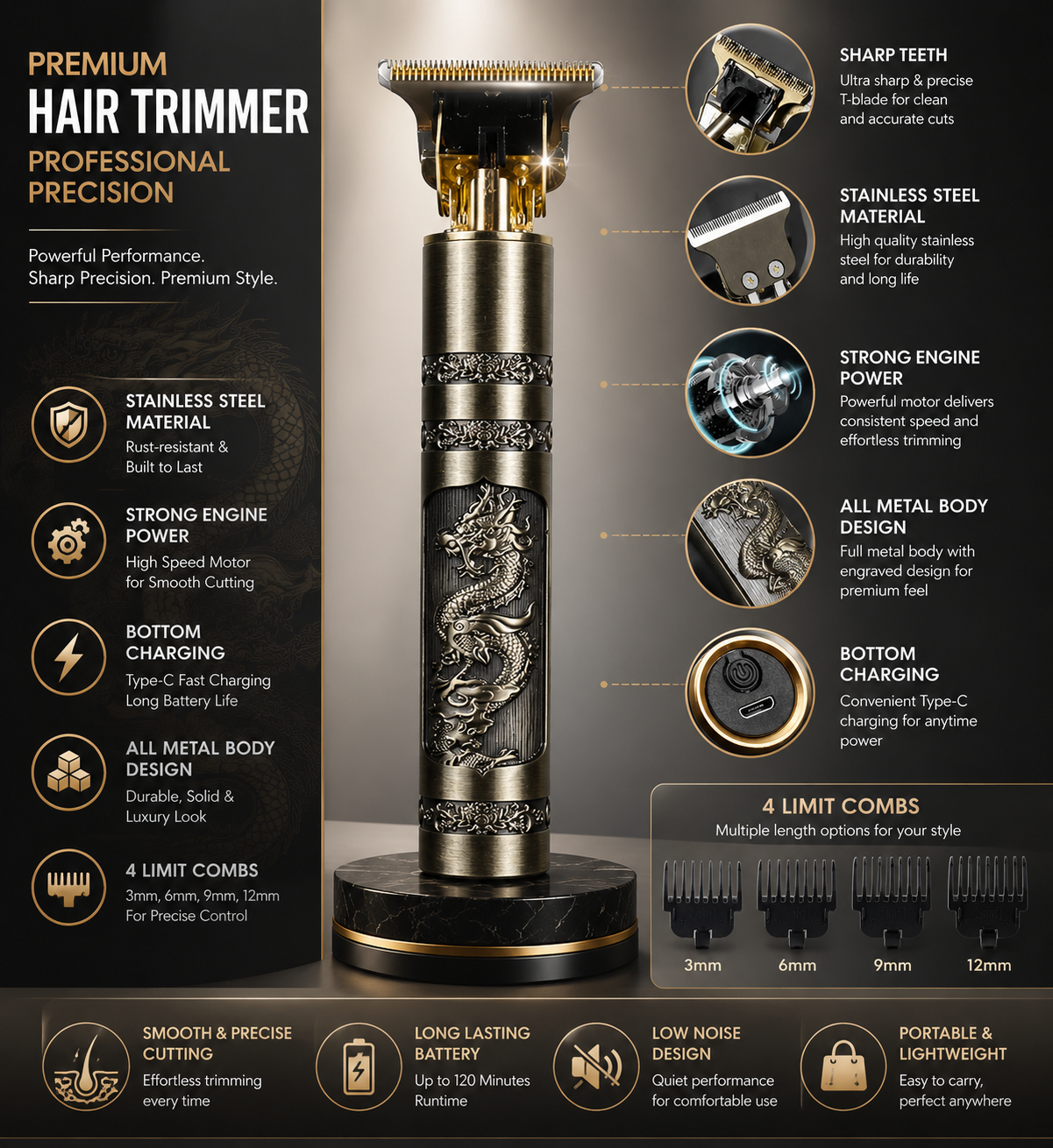 T9 Professional Beard Trimmer Haircut Shaving Machine for Men (Metal Body)